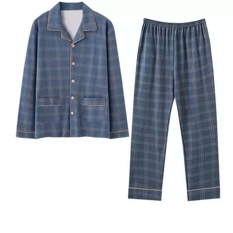 Conjuntos de pijamas de manga larga para hombre, ropa de dormir suelta, informal, con botones de solapa, cárdigan a cuadros, primavera y otoño
