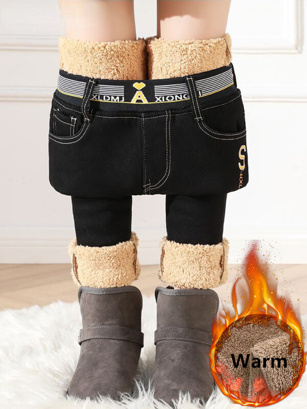 Zimowe podszyty polarem obcisła, ołówkowa dżinsy Oversize 85kg ciepły jagnięcy puch spodnie dżinsowe wysoki stan zagęszczony Vaqueros nowy Strench Jeansy