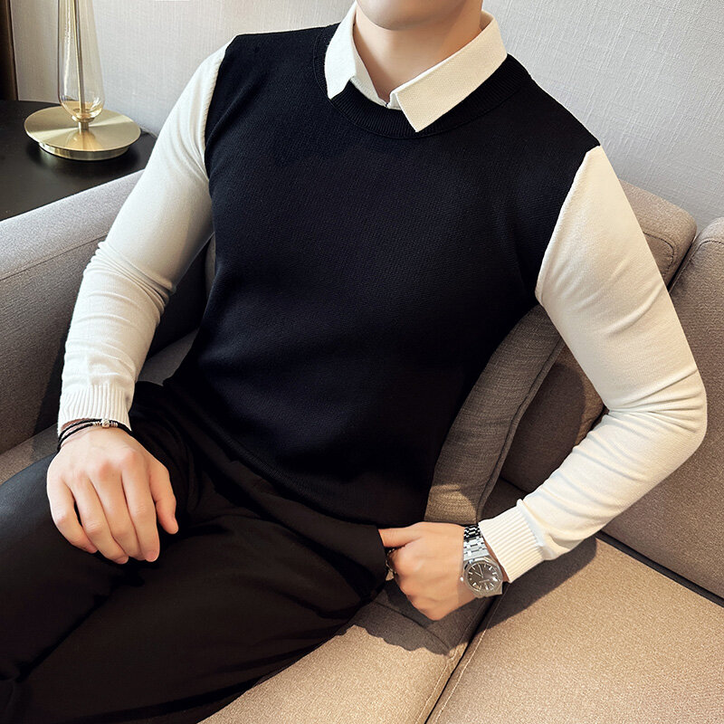 Pulôver de malha colorida edição coreana masculina, suéteres falsos de duas peças, camisa underlay, gola 3XL-M, nova, outono