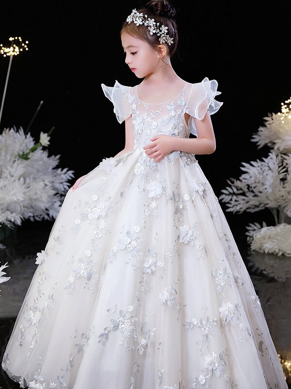 Vestido de novia de flores para niña pequeña, vestido de princesa esponjoso, vestido de espectáculo de pasarela, nuevo