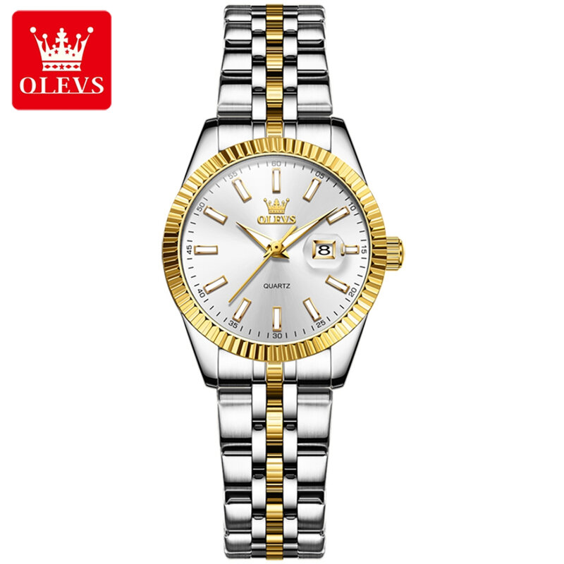 OLEVS Aço Inoxidável Round-Dial Quartz Watch, Moda Pulseira, Calendário, Presente, 5593