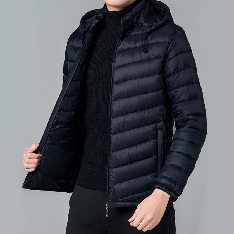 남성용 스탠드 칼라 긴팔 포켓 지퍼 플래킷, 두꺼운 초경량 후드 면 아우터, 겨울 코트