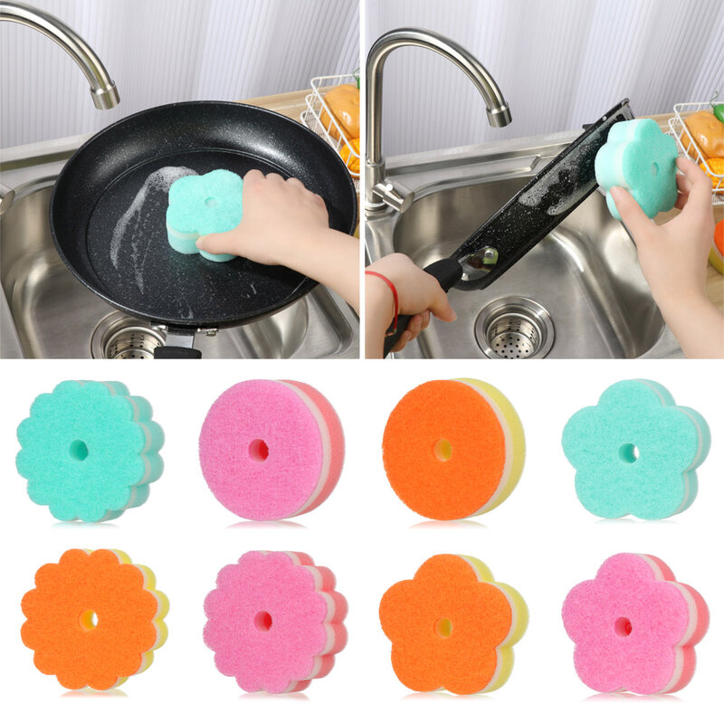1Pcs Flower Round Shape Dishwashing Sponge Scouring Pads Tableware Wash Dishes Sponge Brush Kitchen Cleaning Tool (Random Color)
