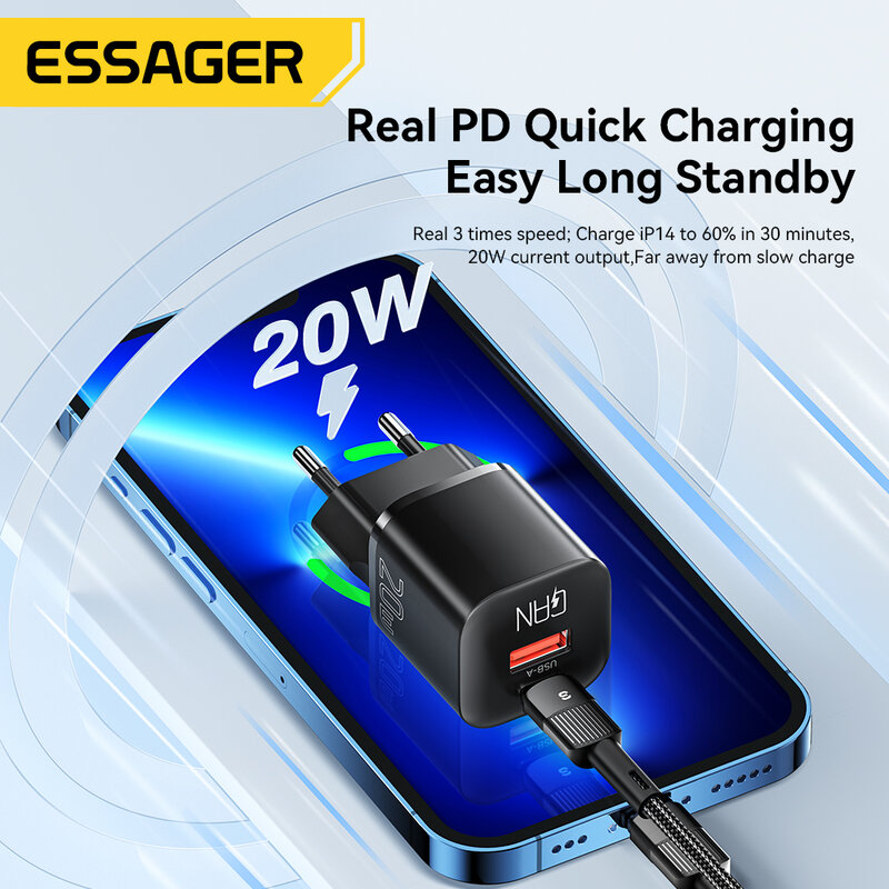 Essager GaN USB C 타입 PD 고속 충전 휴대폰 QC 3.0 고속 충전기, 아이폰 14 13 12 11 프로 맥스 미니 아이패드용, 20W