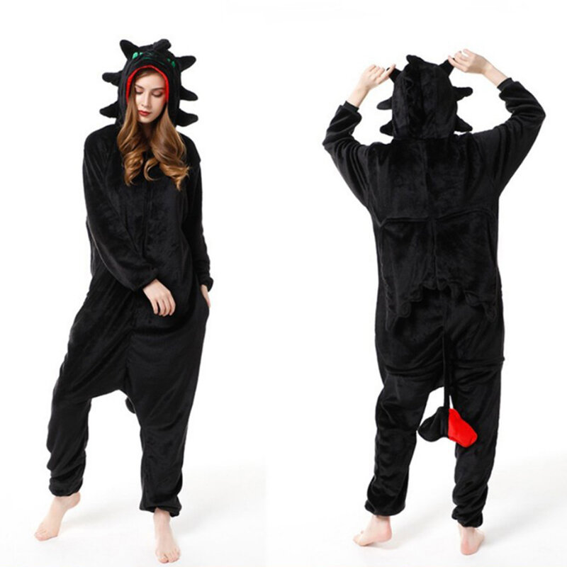White / Black Dragon Onesie Jumpsuits Adult Unisex Flannel Pajama Cute Halloween Cosplay Costume One-piece Sleepwear Homewear