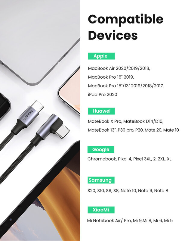 Ugreen-Samsung S10,s20,macbook pro,iPad 100,pd,2020用のUSB Type-C充電ケーブル,急速充電器,4.0 W