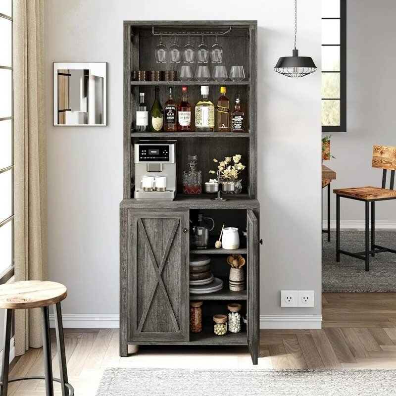 YITAHOME-Refroidisseur de vin de bar, armoire de rangement de cuisine haute de 67 "avec vin T1, étagères de rangement ouvertes, rangement de cuisine de ferme