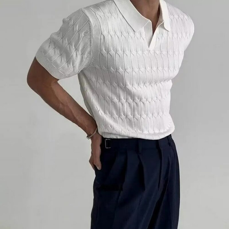 Мужская жаккардовая трикотажная рубашка, Повседневная Деловая Свободная рубашка средней длины с V-образным вырезом и короткими рукавами, Осень-зима