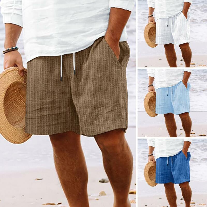 Shorts de cordão respirável masculino com bolsos reforçados, cintura elástica, confortável, monocromático, elegante, verão