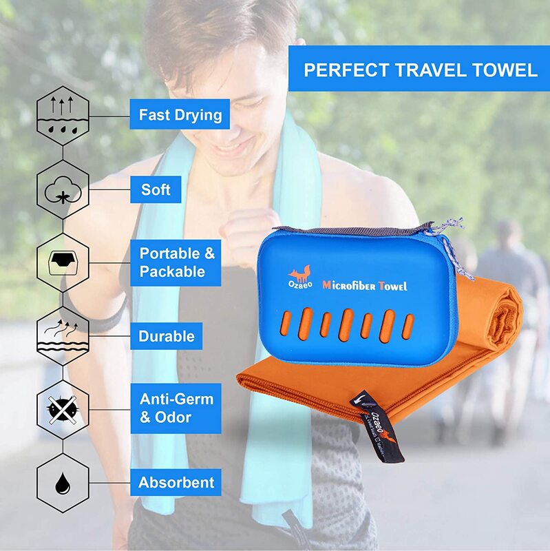 Eva case-toalha de microfibra para viagem, toalha leve, ultra compacta, secagem rápida, para esportes, praia, natação e camping
