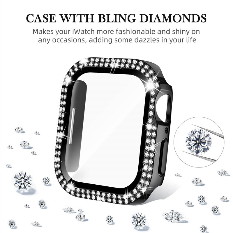 Cristal brillante y funda para Apple Watch, Protector de pantalla para iwatch series 7, 9, 8, 5, 6, SE, 44mm, 45mm, 41mm, 40mm, 44mm, parachoques de diamante para mujer