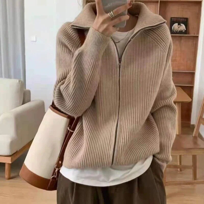 Korean Style Cardigans for Women Young Warm Soft Spring Autumn Clothing All-match Zipper Design Niche Girls Solid Long Sleeve