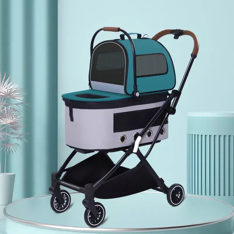 Pet Strolley Portable Detachable Double-decker Pet Car Four Wheel Cat and Dog Trolley Can Be Folded with One Button Breathable