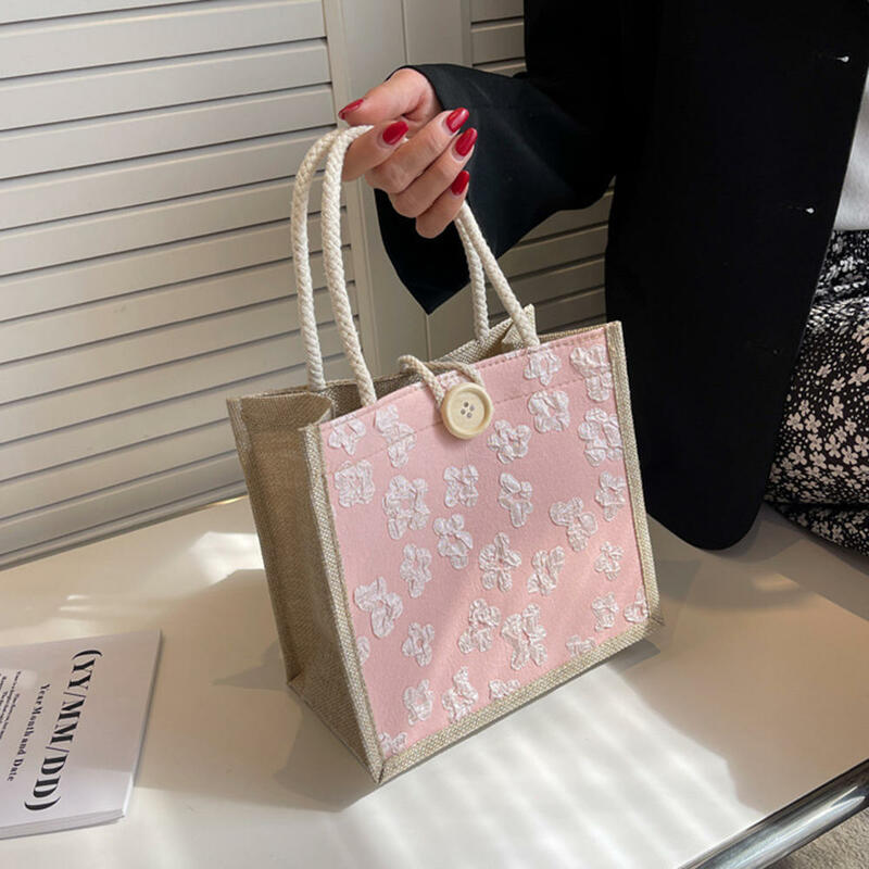 ISKYBOB-Bolso de compras ecológico para mujer, bolsa de mano de lino con botón, de gran capacidad, informal, para regalo, 2023