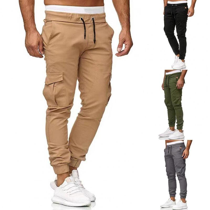 Elastyczne spodnie do kostek stylowe męskie spodnie Cargo z paskowanymi ściągany sznurkiem w pasie wiele kieszeni dopasowane na co dzień
