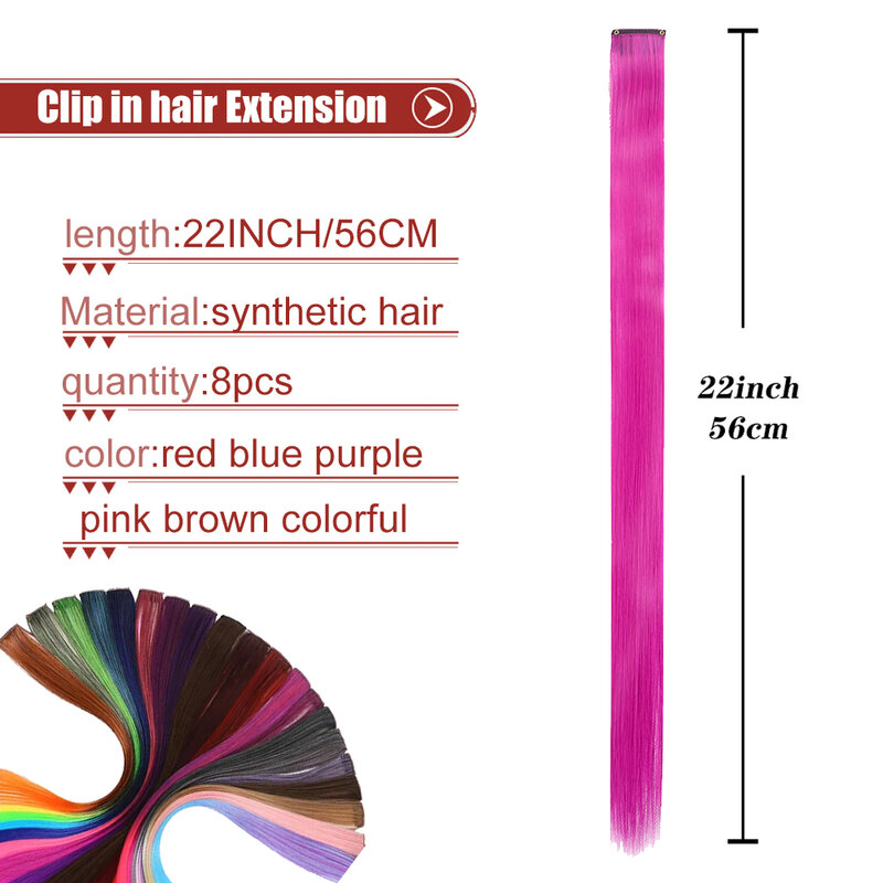 Przedłużenia kolorowe włosy 8 sztuk/paczka wielobarwne klipsy na imprezę w syntetyczne doczepy do włosów 22-calowych tęczowych treskach