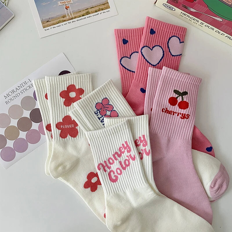 Новинка 2024, женские носки с розовыми цветами, модные милые хлопковые носки в стиле Харадзюку, повседневные милые носки в корейском и японском стиле для девочек