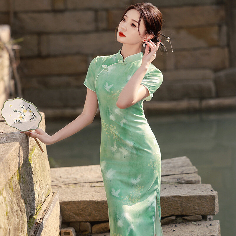 Yourqipao estate stile cinese fibbia fatta a mano elegante Qipao vestito coccinella lino di bambù che dimagrisce Cheongsam per le donne
