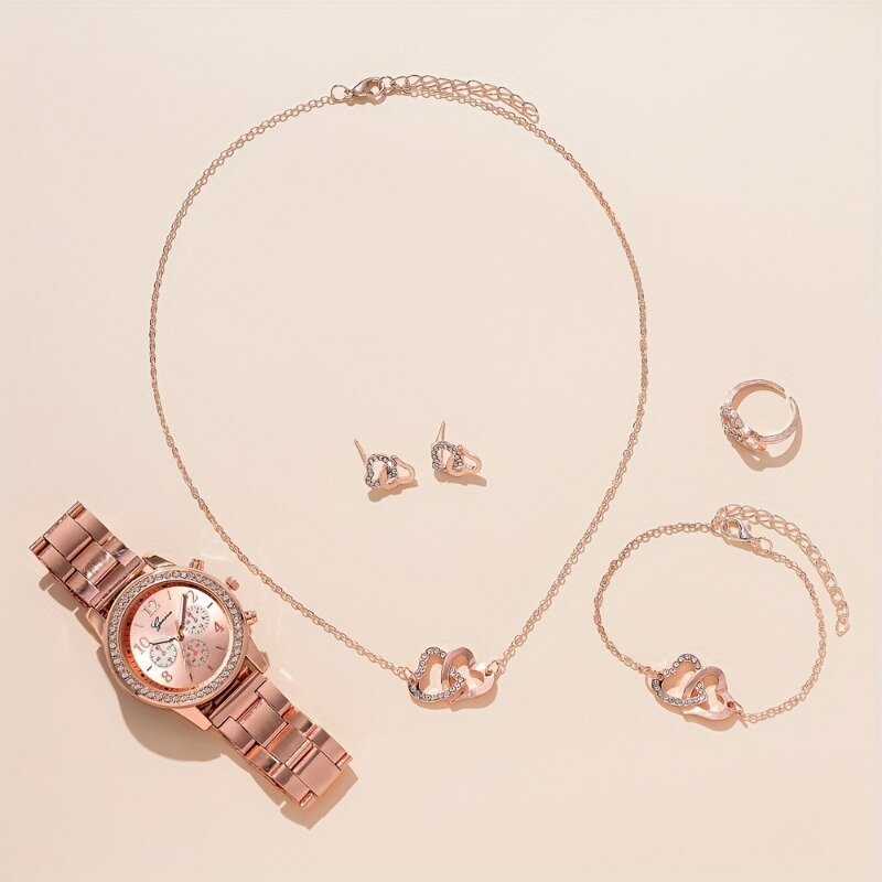 Роскошные часы, женские кольца, ожерелье, серьги, модные наручные часы, женские повседневные женские часы, браслет, набор часов