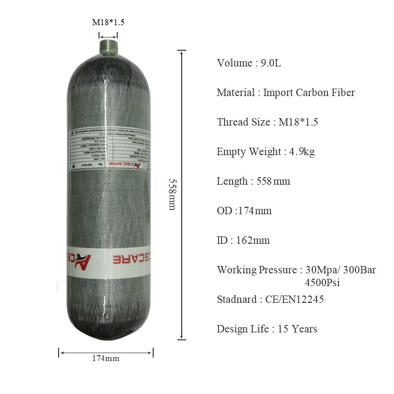 Acecare silinder selam serat karbon 9L, 30Mpa 300Bar 4500Psi tangki Scuba HPA untuk SCBA menyelam keselamatan api