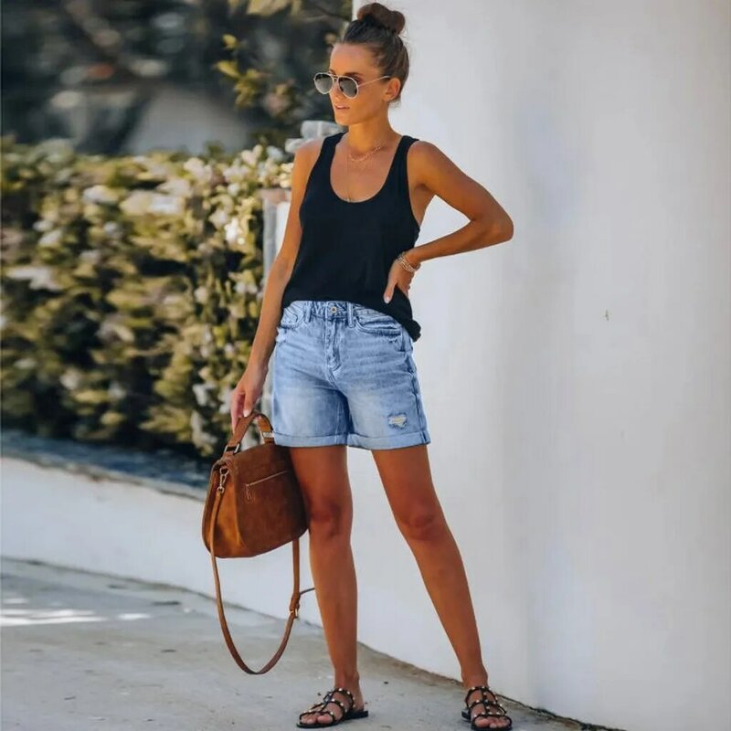 Jeans wanita musim panas celana pendek Jeans lurus berpinggang tinggi seksi Streetwear Fashion celana pendek Denim kancing pemecah dengan saku