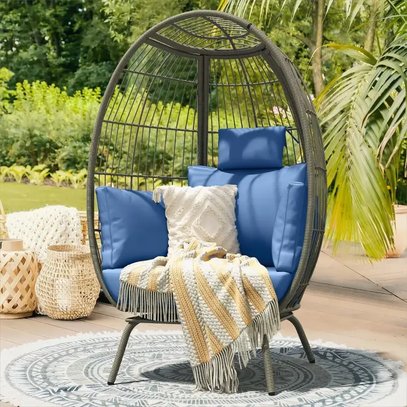 2024 New Wicker Egg Chair Outdoor Indoor, Oversized Lounger with 370lbs Capacity,Large Egg Chairs with Stand Cushion