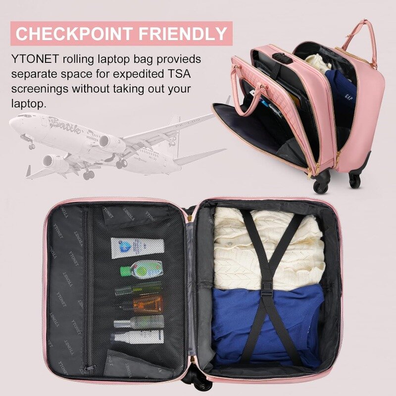 Tas koper bergulir 17.3 inci, dengan roda dan kunci TSA, tas komputer untuk pekerjaan perjalanan bisnis, merah muda