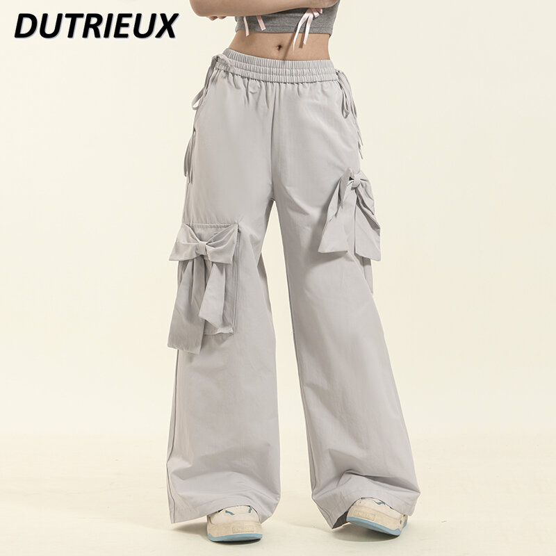 Solid Color Bow Overalls Women's Thin American Style Sweet Loose Elastic Waist Straight Wide Leg Casual Long Pants Mop Trousers