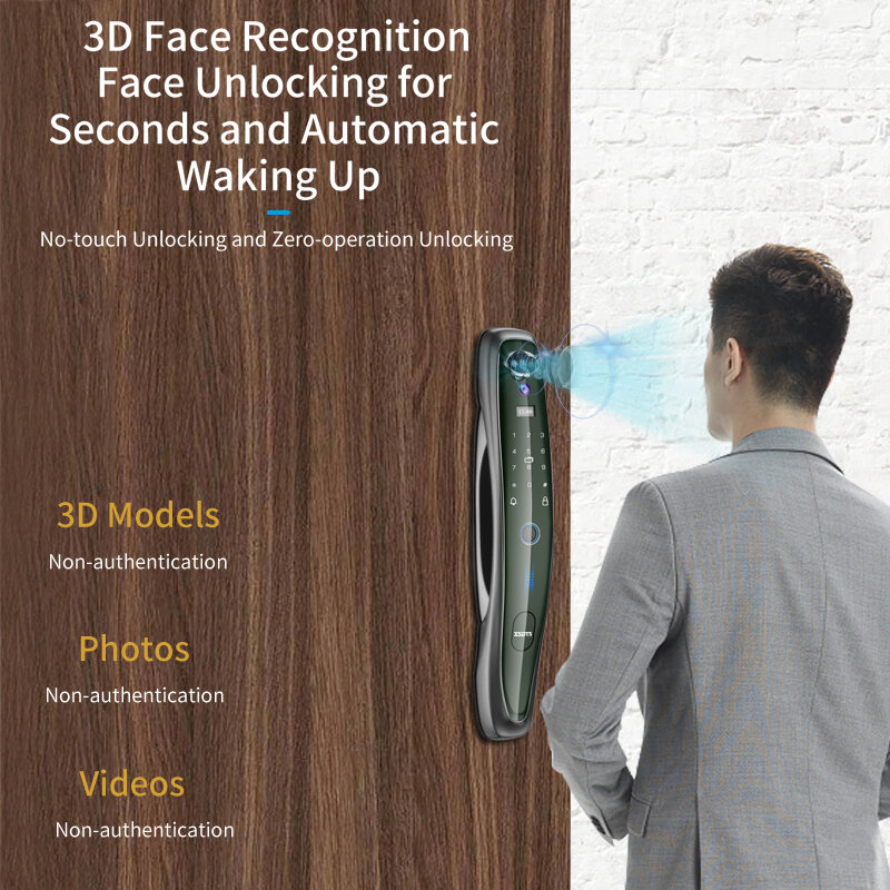 Tuya Smart 3D Face Door Lock, Security Face and Camera Monitor, Senha de impressão digital inteligente, Biometric Electronic Key Unlock