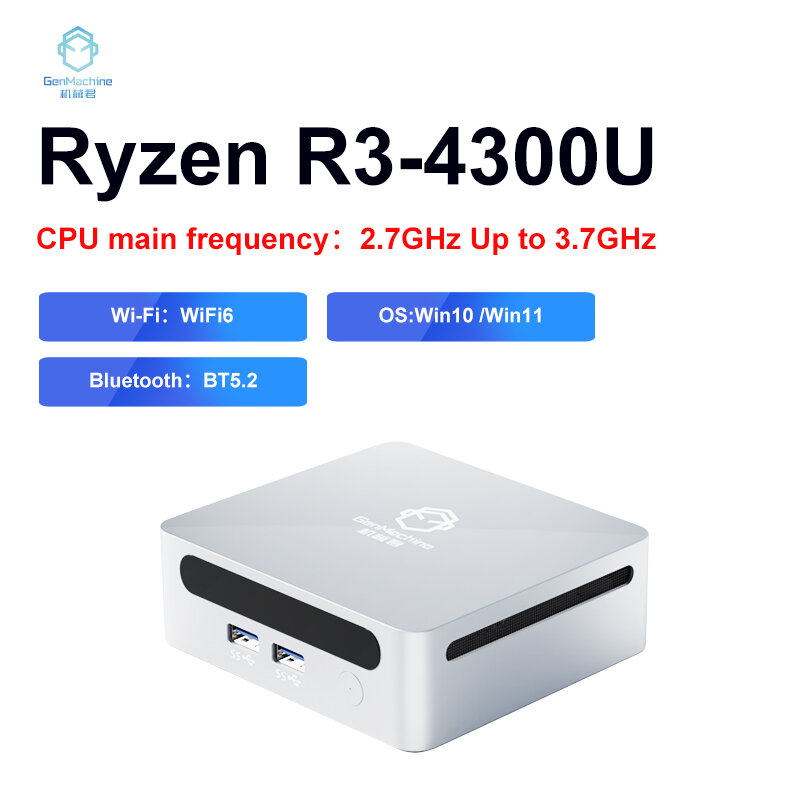 GenMachine-Mini PC Gamer Computer, Processador AMD Ryzen 3 4300U, Windows 10, 11, 2,7 GHz, até 3,7 GHz, DDR4, 32GB, Wifi6, HDMI, Novo