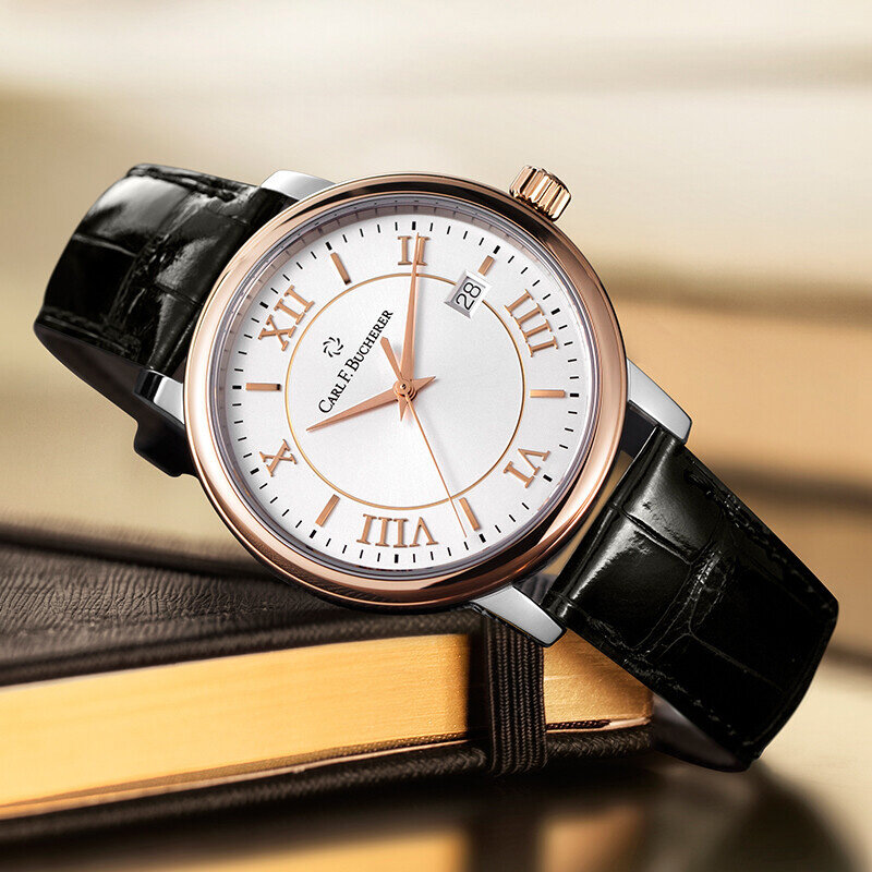 Carl f. BAROREER-メンズメカニカルウォッチ,クラシック腕時計,3つのハンドホワイトダイヤル,レザーストラップ,18K,ピンクゴールド