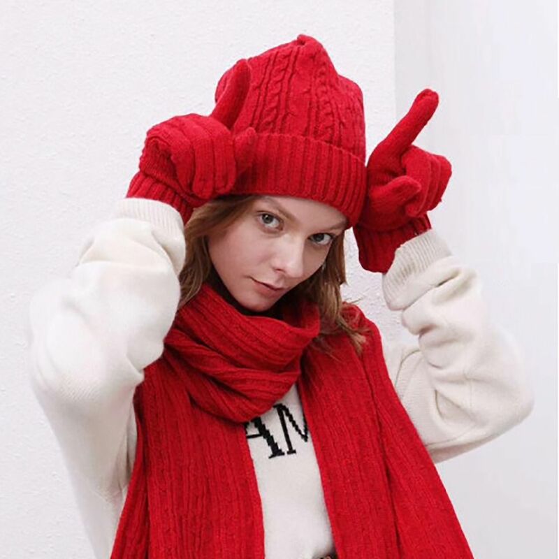 여성용 양모 모자 스카프 장갑 세트, 따뜻한 단색, 여성용 모자, 뜨게 니트 비니 캡, 겨울 필수품
