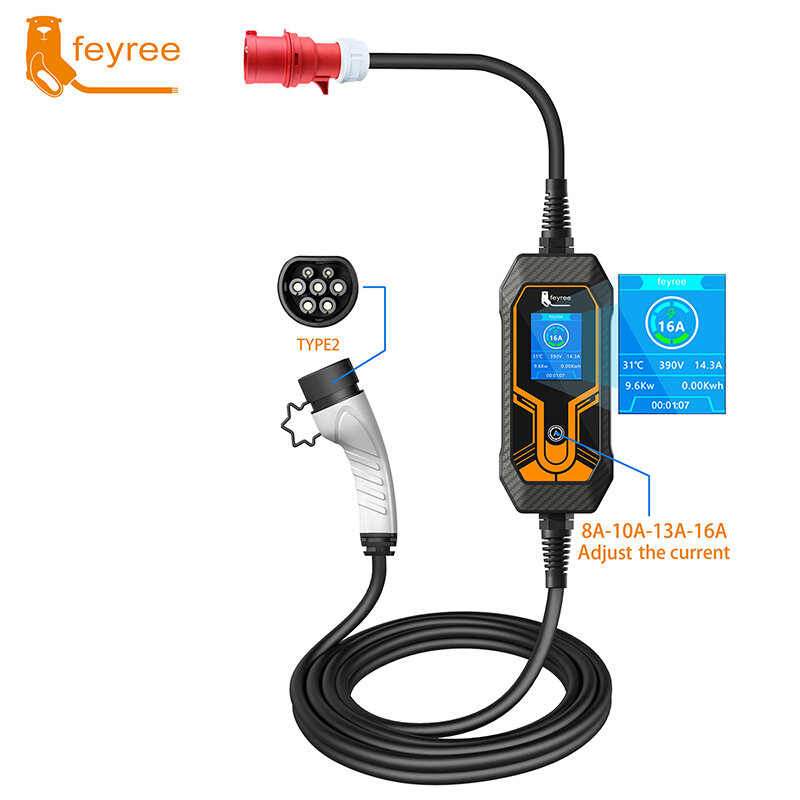 Feyree-11kw 16a 3 상 EV 휴대용 충전기, 32a, 7kw, 타입 2, 3.5M 케이블, EVSE 충전 박스, 자동차 충전기, 전기 자동차용 CEE 플러그