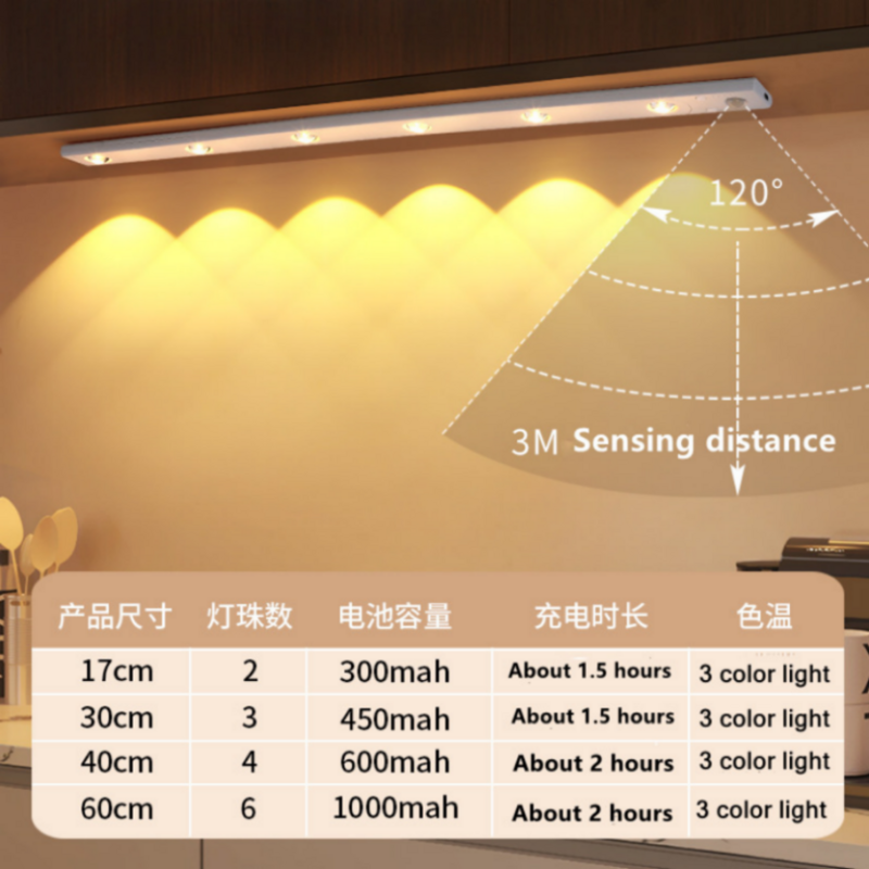 Led Nachtlampje Keuken Onder Kast Licht 17/30/60Cm Oplaadbare Pir Motion Sensor Kast Kledingkast Lamp aluminium Nachtlampje