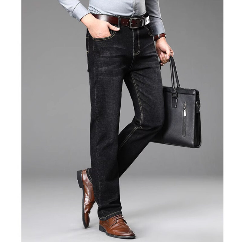 Мужские летние тонкие брюки, прямые синие джинсы, облегающие повседневные рабочие брюки без эластичности, 28-40