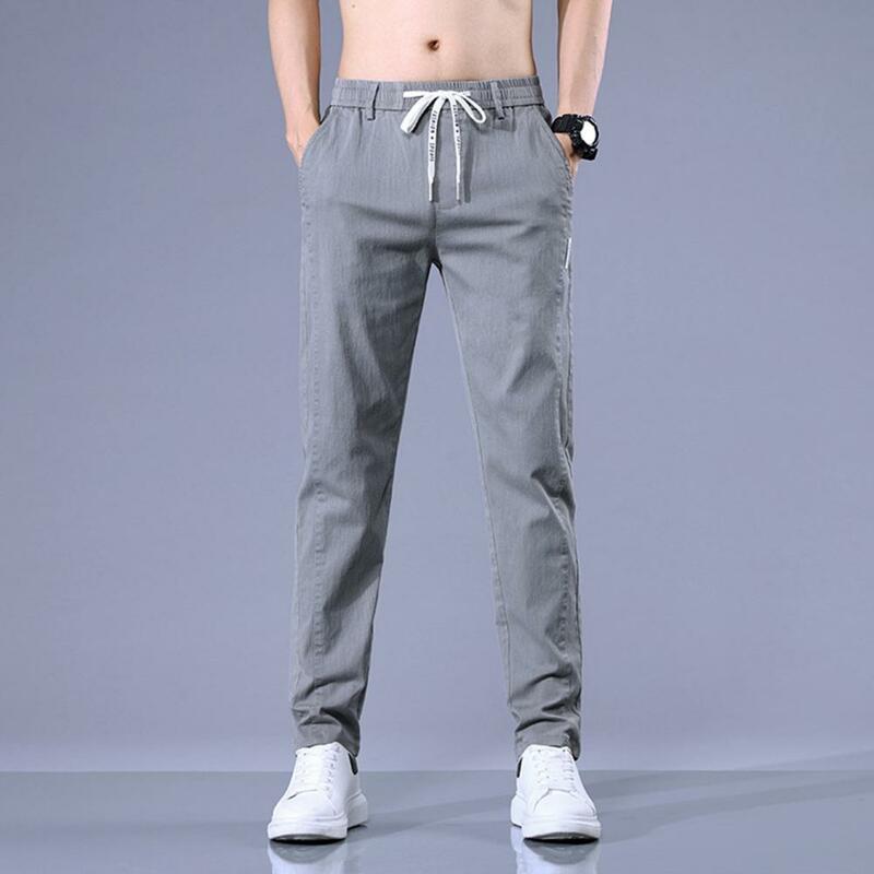 Straight Leg Trousers for Men Drawstring Design Pants Men's Drawstring Elastic Waist Slim Fit Pants with Pockets Soft for Casual