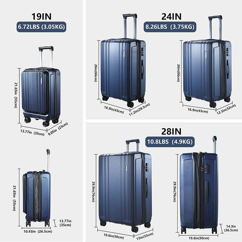 Luggage Set 3 Piece 20/24/28 Front Laptop Pocket&Expandable ABS+PC Lightweight Hardshell Spinner Silent Wheels TSA Lock Blue