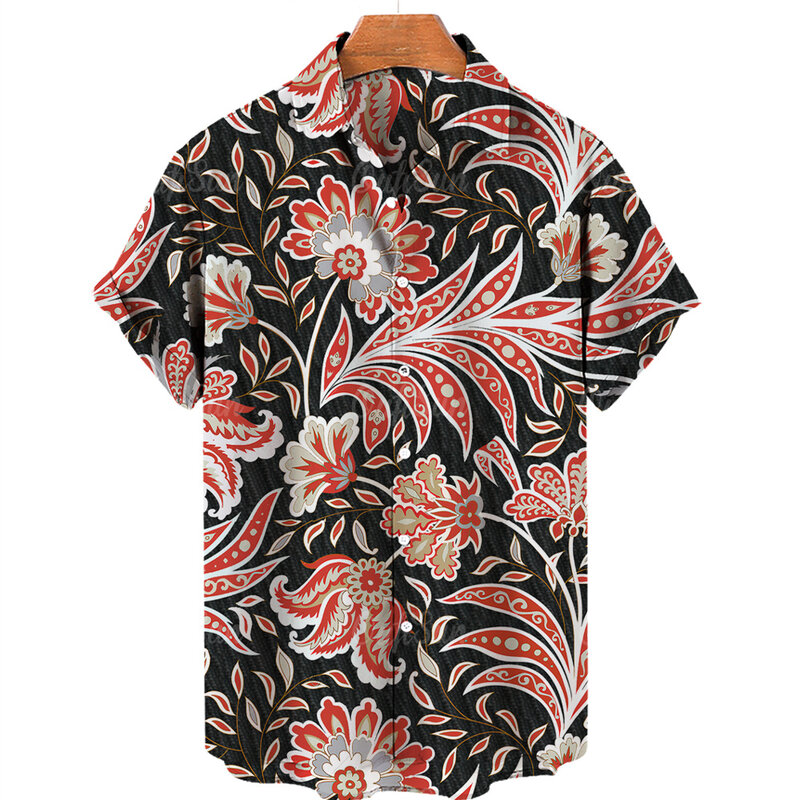 남성용 꽃무늬 셔츠, 트로픽 리프 3D 프린트 셔츠, 남성 패션, 하와이 셔츠, 캐주얼 비치 반팔 블라우스, 남성 라펠 셔츠, 소년