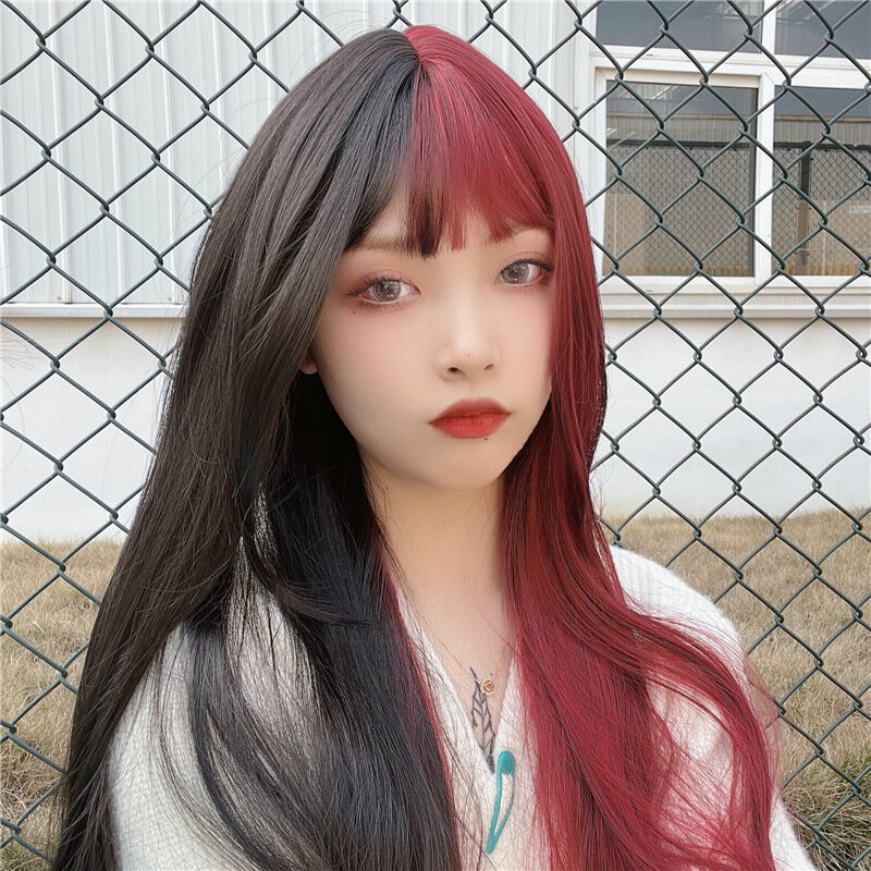 Women's cosplay black pink two-color comic bangs, long straight hair Fiber Synthetic Wigs Pelucas Hair Daily Party