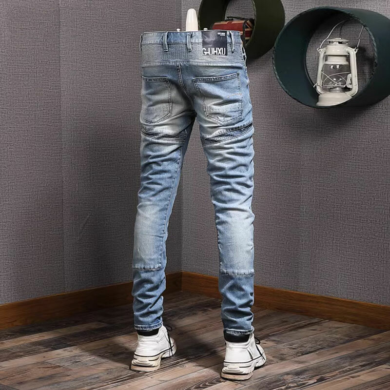 Fashion celana Jeans pria, pakaian jins Retro biru Stretch Slim Fit Splice Biker Jeans Homme tambalan desainer celana Denim Hip Hop pria