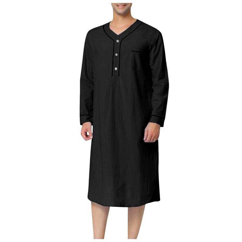 2024 New Douhoow Men Kaftan Dubai Robe Solid Color Loose Saudi Arab Long Sleeves Nightshirt with Pockets Sleepwear Nightgown