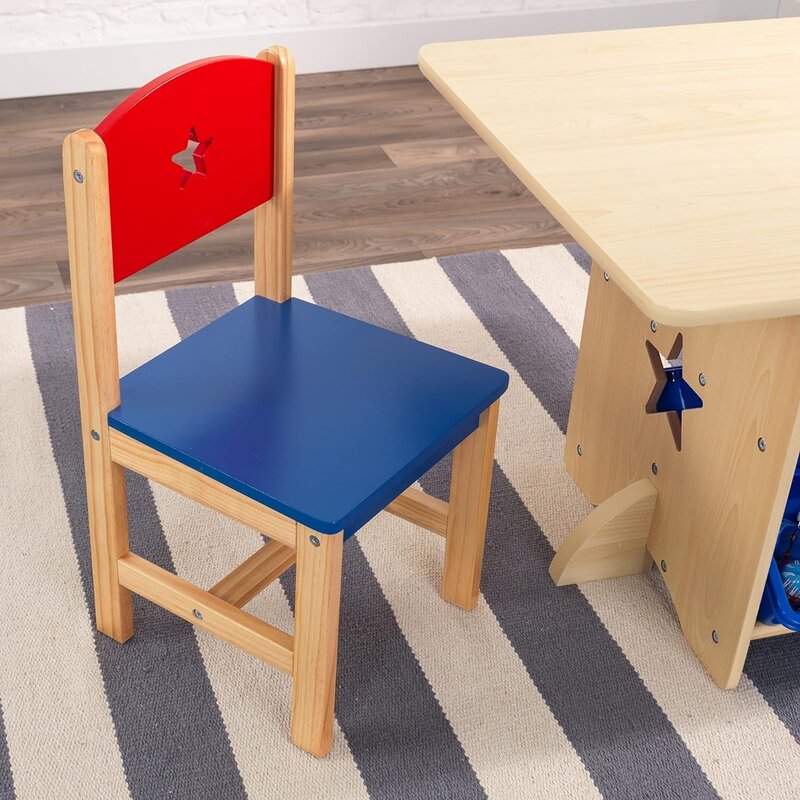 4つの収納袋がセットされた木製の星のテーブルと椅子、子供の家具、赤、青、自然