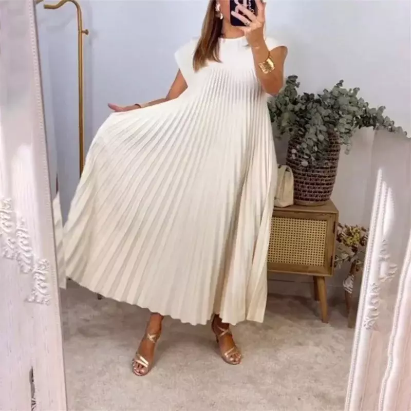 Women Summer Solid Color Pleated Dresses Fashion Comfortable Casual Commuter Flying Sleeve Dress Female Side Double Pockets Gown