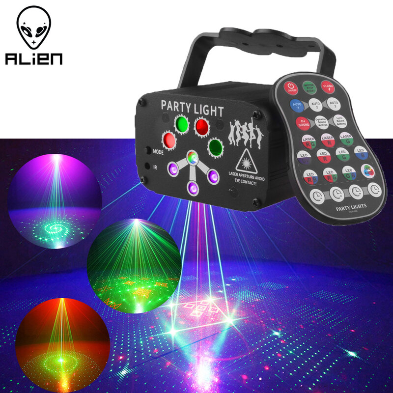 ALIEN-RGB Mini DJ Disco Laser Projetor de Luz, USB Recarregável, LED, Som UV, Estroboscópio, Efeito de Palco, Casamento, Natal, Holiday Party Lamp