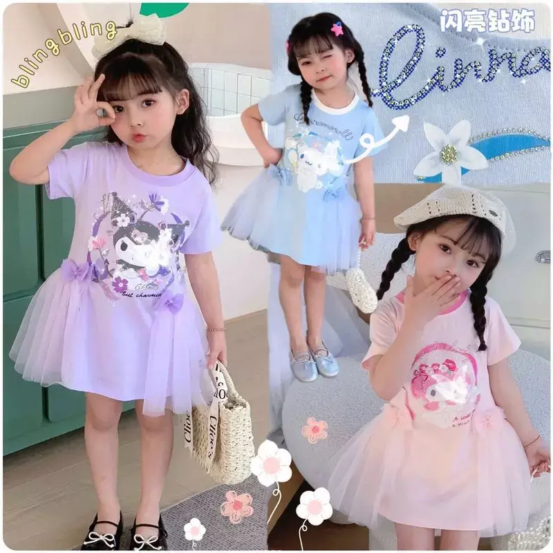 Sanrio wiosenno-letnia sukienka dla dziewczynek z czystej bawełny Kuromi Mesh Princess Dress Melody Hot Diamond Sparkling Cute Children's Dress