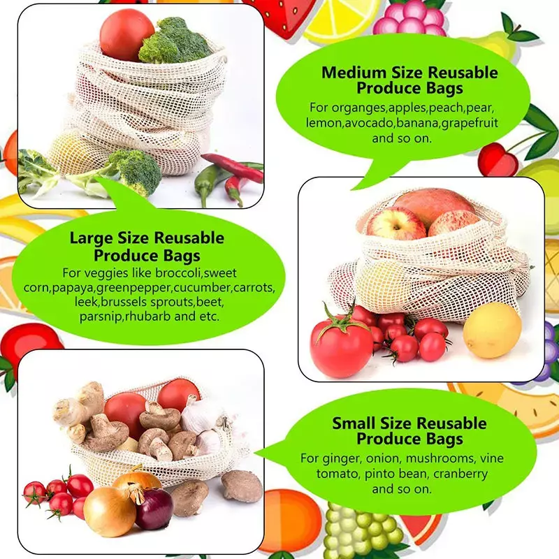 Conjunto de bolsas reutilizáveis, kit com 3, 6 ou 10 peças, malha de algodão ecológica para armazenamento de frutas e vegetais, saco de compras reutilizável
