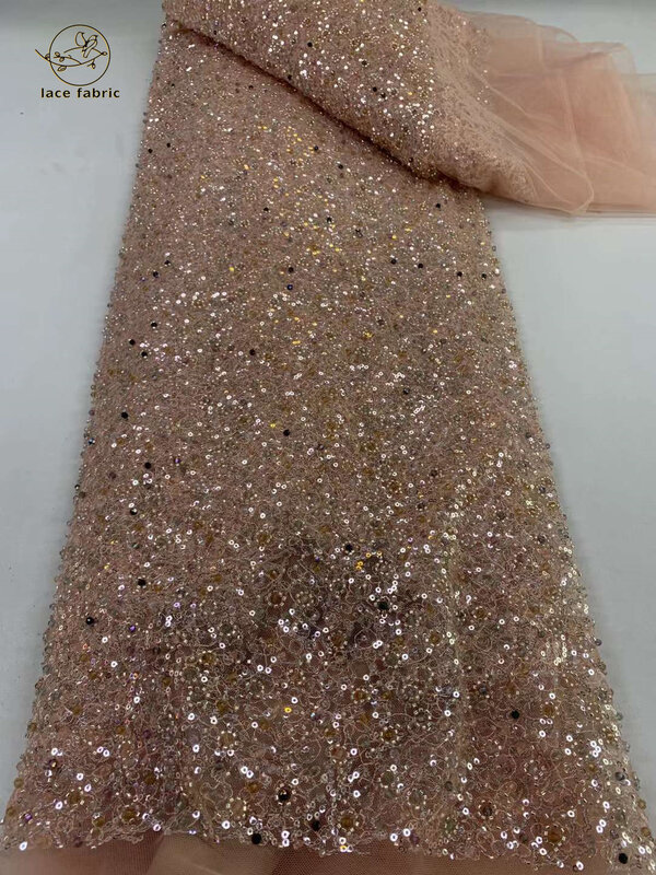 Afrikanische französische Pailletten Spitze Stoff Perlen bestickt nigerian ischen Tüll Stoff 2024 hochwertige Schnürsenkel für Party kleider 5 Meter