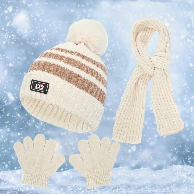 Ветрозащитная теплая шапка для малышей вязаная шапка с меховыми шариками теплая плотная вязаная шапка шарф перчатки Набор для мальчиков девочек осень