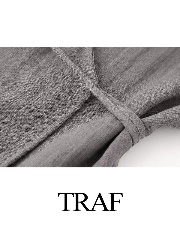 Traf 2024เซ็ต2ชิ้นเสื้อเบลาส์คอวี + เอวยางยืดสำหรับผู้หญิง, ชุด2ชิ้นเสื้อเบลาส์ผูกเชือกคอวีเสื้อเบลาส์กางเกงขาม้าลำลอง