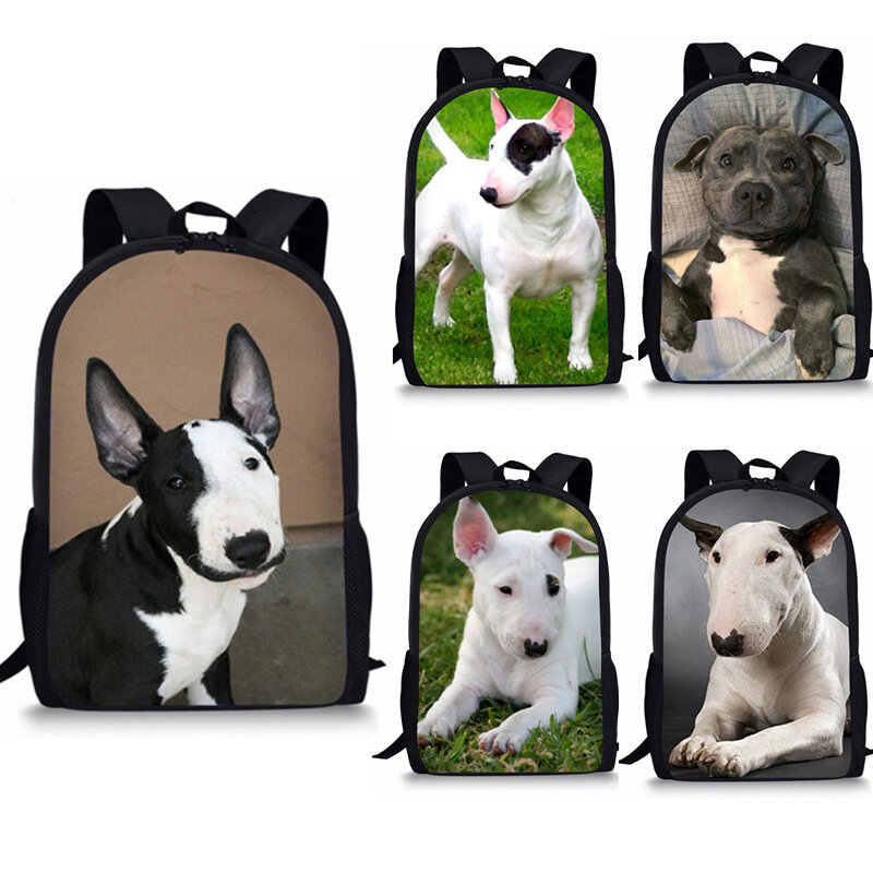 女の子と男の子のためのかわいいブルテリア犬のプリントのランドセル、子供のためのバックパック、子供のブックバッグ、学生のブックバッグ